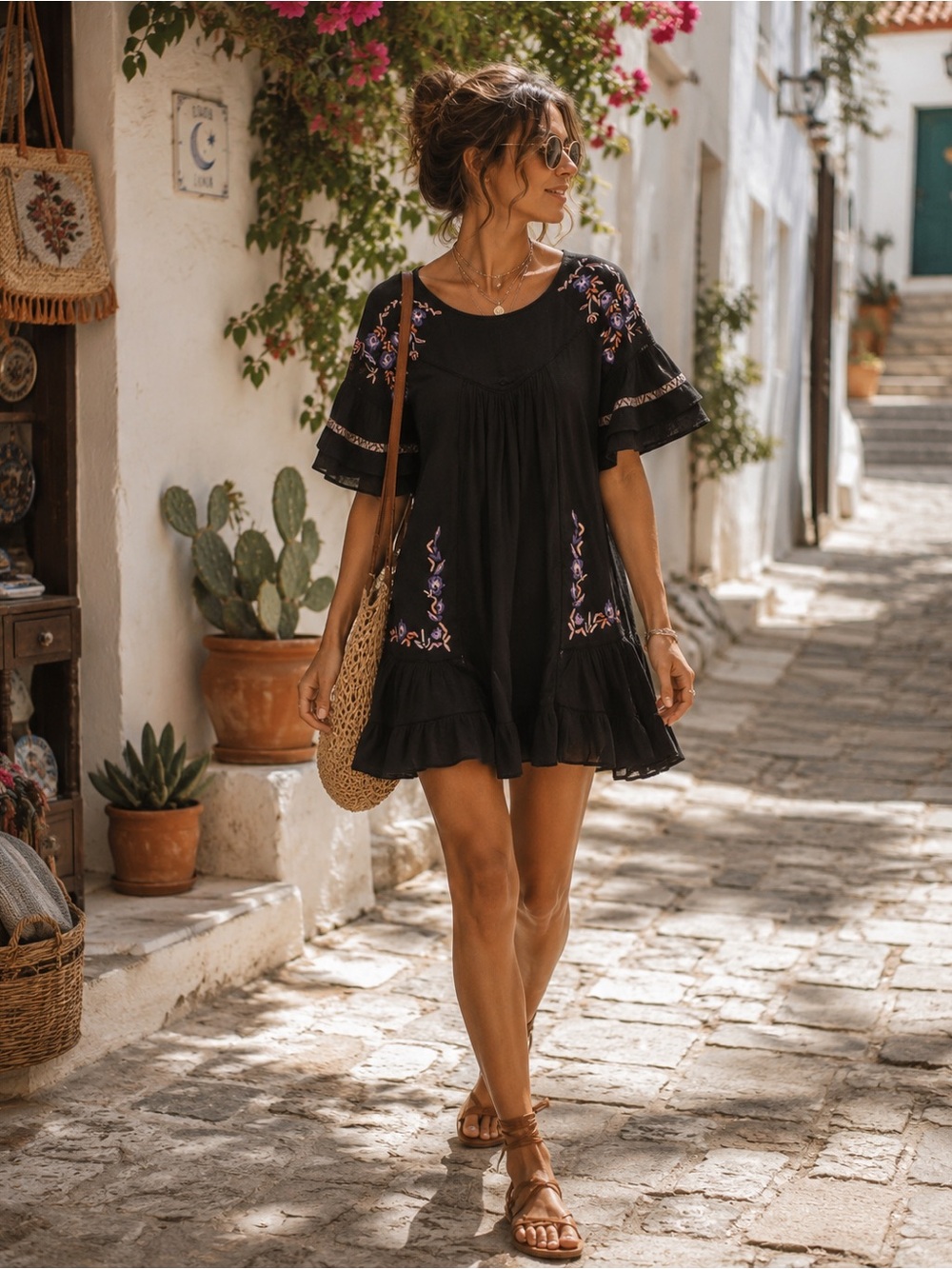 FREE PEOPLE pavlo A-line black flutter sleeve dress cotton embroidered M western